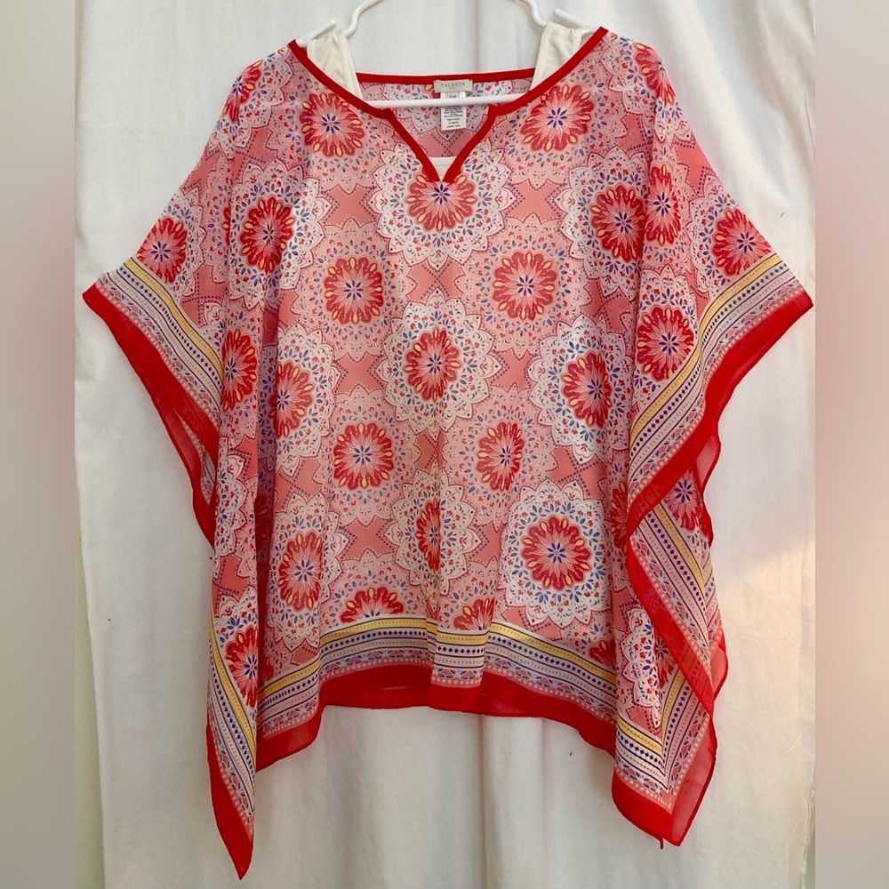 Talbots Red Floral Sheer Scarf Top w/ White Stretch Tank Size S/M